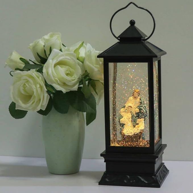 Eldnacele Battery Operated Plug-in Musical Lighted Christmas Water Snowing Glittering Snow Globe Lantern with Timer Christians Nativity Lantern Decor, Holy Family