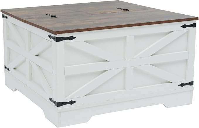 Coffee Table with Storage, Rustic White Square Coffee Tables for Living Room, Lift top Coffee Table with Large Hidden Compartment, Smart Cocktail Tables with Flip Top Lids for Home Office