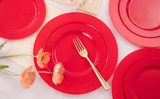FLOWERCAT 60PCS Red Plastic Plates - Heavy Duty Red Plates Disposable for Party - Include 30PCS 10.25inch and 30PCS 7.5inch for 30 guests Party & Christmas & New Year