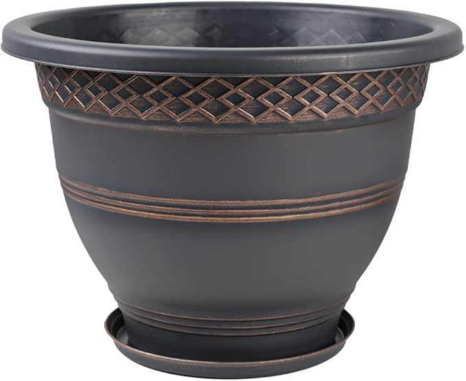 4 Pack 16 Inch Large Plant Pots, Plastic Flower Pot for Indoor & Outdoor with Drainage Holes & Saucer, Plaid Pattern Planters Garden Pots for Herbs