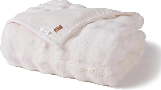 EVERGRACE Ultra Soft Luxury Fluffy Ridgeline Faux Rabbit Fur Throw Blanket, Thick Warm Bubble Throw for Bed, Cozy Plush Reversible Blankets for Couch, Chair, Sofa, Ivory White, 50x60 Inches, 870 GSM