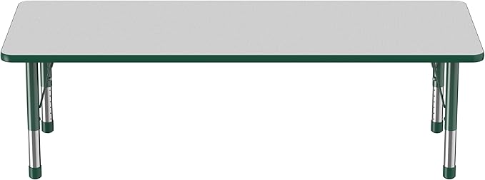 FDP Rectangle Activity School and Classroom Kids Table (30 x 72 inch), Chunky Toddler Leg, Adjustable Height 15-24 inches - Gray Top and Green Edge