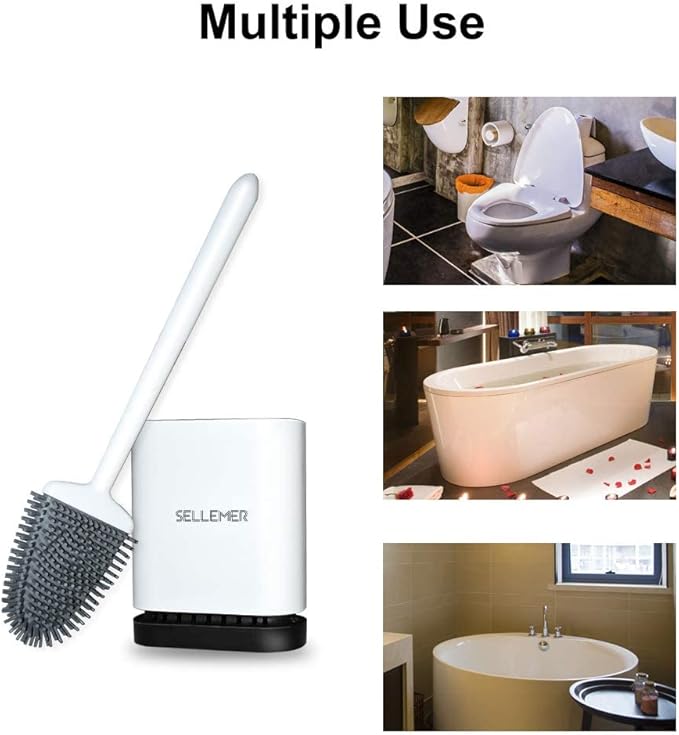 Sellemer Toilet Brush and Holder Set for Bathroom, Flexible Toilet Bowl Brush Head with Silicone Bristles, Compact Size for Storage and Organization, Ventilation Slots Base (2 Pack, White)