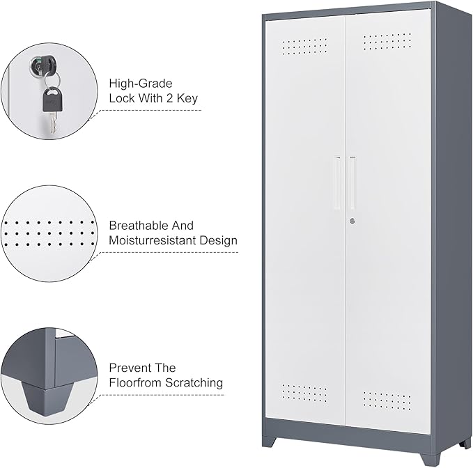 Garage Storage Cabinet,Broom Closet with Lock,Locking Cabinets with Hanging Rod & S-Hooks for School,Garage,Grey-White