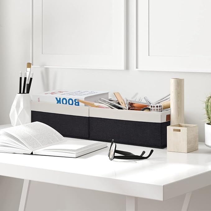 GhvyenntteS Storage Baskets for Shelves 12 Pack, Fabric Storage Bins with Leather Handles, Foldable Rectangular Storage Baskets for Organizing Home, Office (Black/White, 11.8" x 7.87" x 5.11")