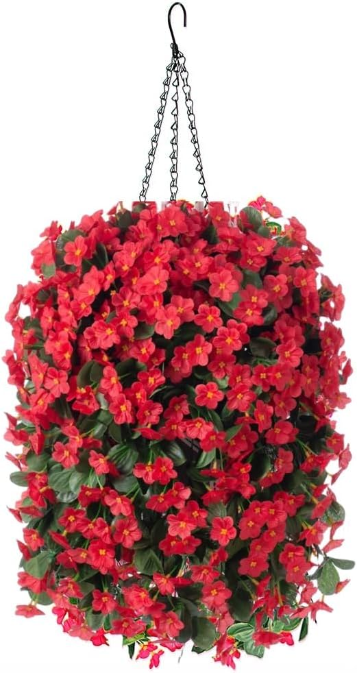 Artificial Fake Red Hanging Flowers Plants Basket for Outdoor Outside Winter Christmas Decor, Faux Silk Look Real UV Resistant Orchid for Fall Porch Garden Yard Patio Home