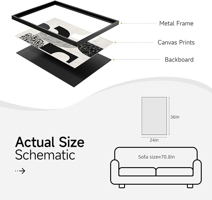 Framed Black and White Abstract Wall Art, Modern Minimalist Canvas Prints Paintings Artwork for Walls, Geometric Pictures for Living Room Dining Room Bedroom Office Bathroom Wall Decor 24x36 In