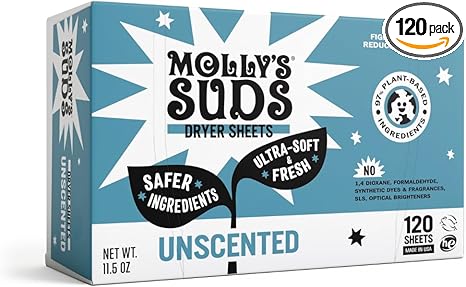Molly's Suds Fabric Softener Dryer Sheets for Sensitive Skin | Plant-Based Static Reducer, Plastic-Free Packaging | Unscented (120 Sheets)