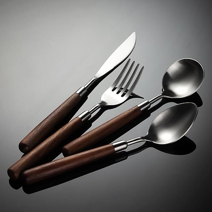 Flatware Set 36 Piece Walnut Handle Silverware Set for 9, 18/8 Stainless Steel Home Kitchen Cutlery Utensils Include Knifvs Forks and Spoons Tableware Set Durable Dishwasher Safe
