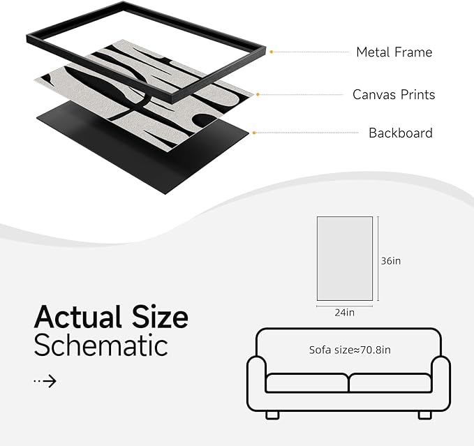 Framed Black and White Abstract Wall Art, Modern Large Canvas Paintings Artwork for Walls, Minimalist Abstract Lines Art Prints Pictures for Living Room Hallway Bedroom Office Bathroom Art Wall Decor 24x36 Inch