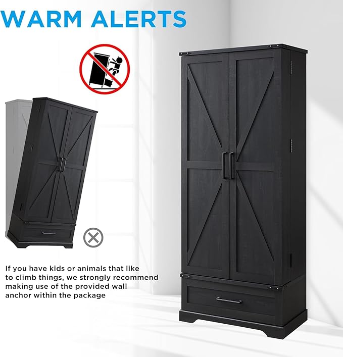 72" Farmhouse Kitchen Pantry Cabinet with Drawer, Tall Storage Cabinet with 2 Barn Doors and Shelves, Versatile Large Rustic Storage for Dining Room, Bathroom, Living Room, Black