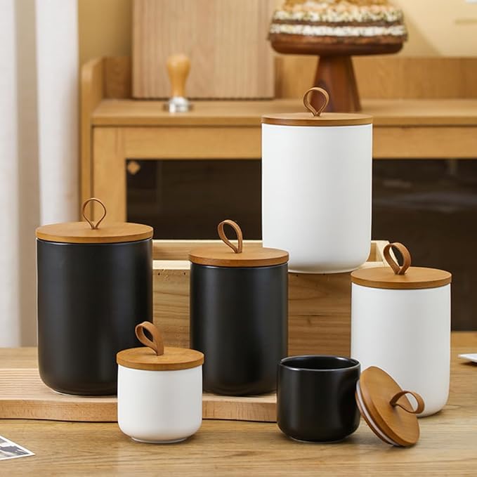 YYW Kitchen Canister Set for Countertop Set of 3, 9/28/45 oz Ceramic Food Storage Containers with Airtight Wood Lids, Food Saver Jars for Coffee, Tea, Candy, Flour(Three-piece suit in white)