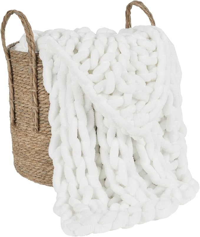Esterra Chunky Knit Blanket Throw, 100% Handmade Chenille Throw Blanket 50"x60", Soft Thick Yarn Cable Knit Crochet Throw Blanket Rope Knot Throw for Couch Bed Sofa, Bright White