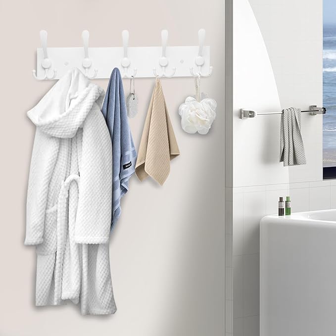 Coat Rack Wall Mount Coat Hooks Wooden Hat Rack for Wall Hooks Pine Real Wood Plank 16.9" White Coat Hanger with 5 White Triple Hooks for Hanging Coat Hat Jacket