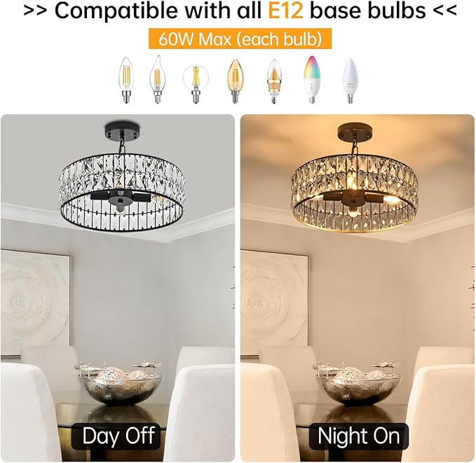 16โ 4-Light Modern Crystal Chandeliers Black Dinning Room Light Fixture, Round Pendant Light Kitchen Island Chandelier, Flush Mount Ceiling Light for Living Room Entryway Bedroom Foyer
