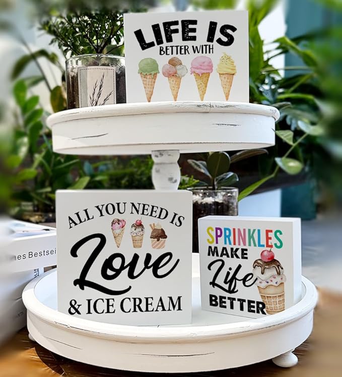 3 Pcs Summer Ice Cream Wood Box Signs Decor Farmhouse Summer Ice Cream Tiered Tray Decor Table Desk Shelf Kitchen Decoration Rustic