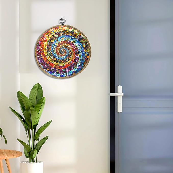 Colorful Glass Style Colorful Geometric Decoration Gift for Art Lovers Framed Round Wall Decor Canvas Wall Art Hanging Prints Artwork for Home Nursery Bedroom Living Room Decorations 10.2X10.2 Inch