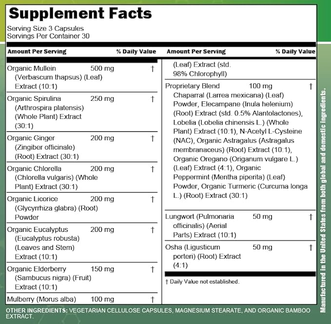 Clean Nutra Mullein NAC Supplement Spirulina Chlorella Ginger Licorice Mulberry Astragalus Root Oregano Turmeric with Chlorophyll Berries Detox Cleanse Respiratory Lung Health 90 Capsules