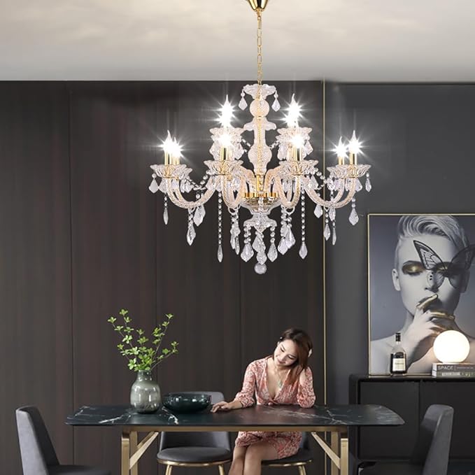 Contemporary Crystal Chandelier 12 Lights Clear Crystal Ceiling Lights for Living Room,E12 Base Double Layered Pendant Light Fixture for Dining Room Staircase, Hallway