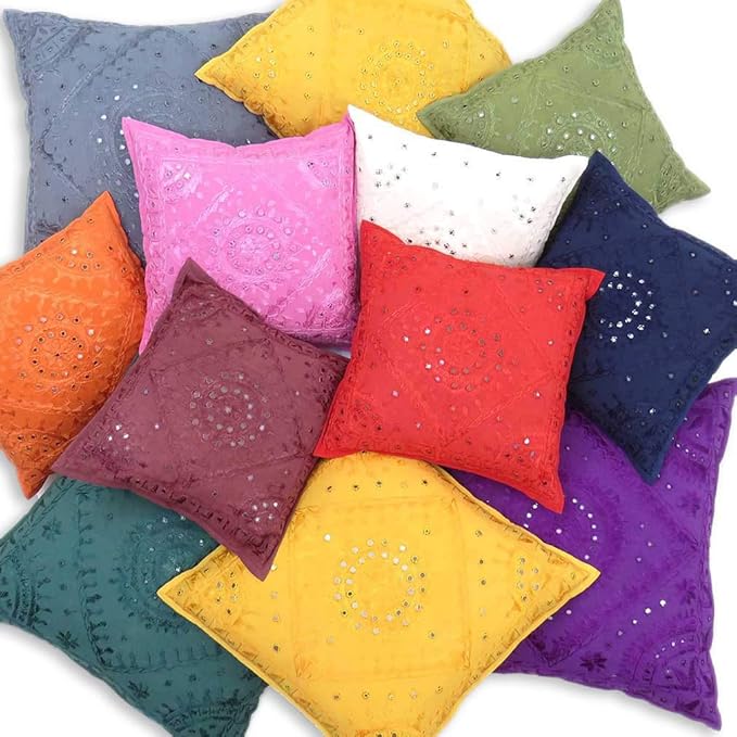 Eyes of India Embroidered Decorative Boho Throw Pillow Cover with Mirrors, Handmade Bohemian Accent Cushion Case for Sofa Couch Bedroom Living Room (Blue, 16" x 16")