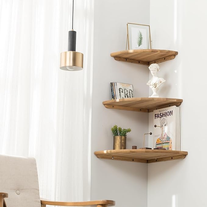 Corner Shelf, 7inch Solid Oak Wood Floating Corner Shelf Wall Mount Round End Floating Speaker Shelves with Wire Hole for Small Plant Photo Frame for Bedroom Kitchen, Living Room