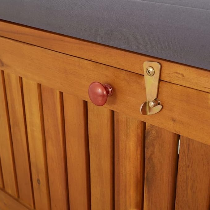 vidaXL Acacia Wood Outdoor Storage Bench Deck Box with Cushion - Solid Wood Patio Furniture, Brown/Dark Gray, 66.9"x24.8"x33.1"
