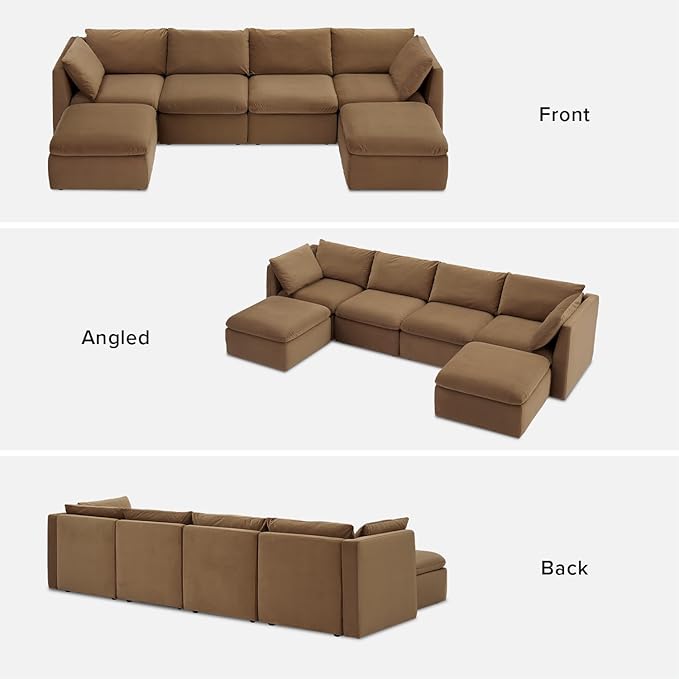 mopio Oversized Modular Sectional Sofa with Fully Removable Covers and Storage, Convertible U, L-Shaped and Sleeper Sectional, Modern Couches with Ottoman Chaise (Hazelnut Velvet, 6 Seats, U)