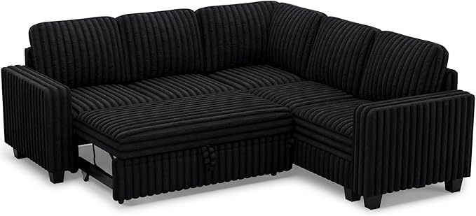 Belffin Plush Corduroy Modular Sectional Sofa with Pull Out Bed Convertible Small Sectional Corner Couch for Living Room Black Couch