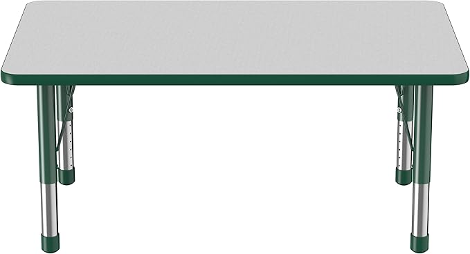 FDP Rectangle Activity School and Classroom Kids Table (30 x 48 inch), Chunky Toddler Legs, Adjustable Height 15-24 inches - Gray Top and Green Edge