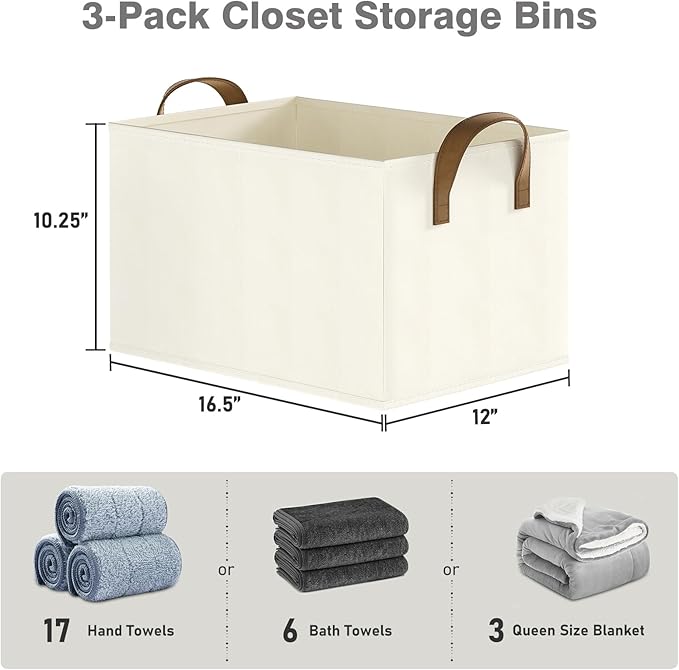 Closet Storage Bins, Fabric Closet Organizers and Storage Basket for Shelves, Collapsible Shelf Baskets for Organizing Shelves, Bedroom Clothes Basket, Beige, 3 Pack
