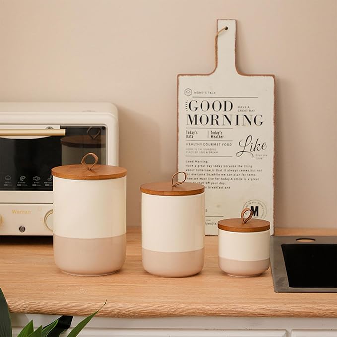 Coffee Canister, Ceramic Food Storage Jars with Lids Salt Matcha Container Brown Sugar Container Bowl for Kitchen Tea, Coffee Beans, Spice (#001Khaki-44oz/1300ml)