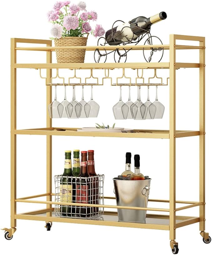 Glass Gold Bar Carts for Home with Hanging Wine Rack - Home Bar Serving Cart with 3 Mirrored Shelves, Kitchen Bar Carts, Wine Cart for Entertaining, Club Party.