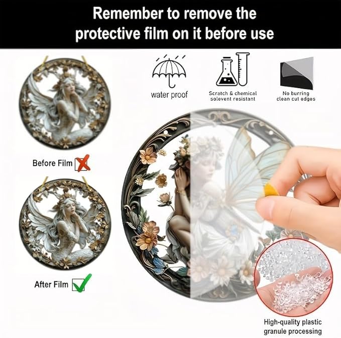 Flower Fairy Garden Decorations Angel Wing Christmas Halloween Deco Statue Art Elf Sculpture Hanging Craft for Outdoor Yard Courtyard Lawn Patio Window Acrylic Ornament Home Gift (C,S: 6*6 IN)