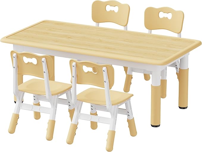 Brelley Kids Table and 4 Chairs Set, Height Adjustable Toddler Table and Chair Set, Graffiti Desktop, Non-Slip Legs, Max 300lbs, Children Multi-Activity Table for Ages 2-8
