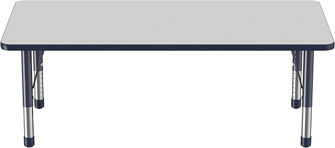 FDP Rectangle Activity School and Classroom Kids Table (30 x 60 inch), Toddler Legs, Adjustable Height 15-24 inches - Gray Top and Navy Edge