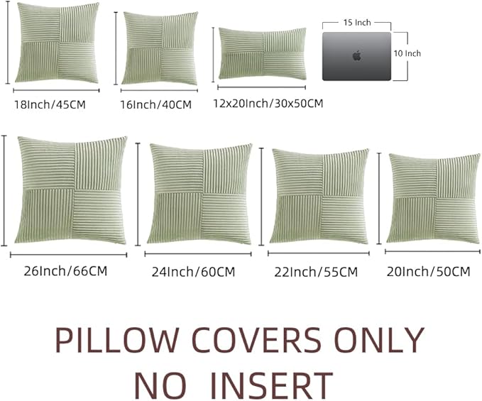 Fancy Homi 2 Packs Sage Green Samll Decorative Throw Pillow Covers 14x14 Inch with for Couch Bed Sofa, Rustic Farmhouse Boho Home Decor, Soft Corss Patchwork Corduroy Square Cushion Case 35x35 cm