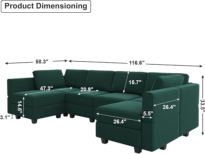 Belffin Modular Sectional Couch U Shaped Sofa with Storage Seat Reversible Sectional Sofa Couch with Chaise Velvet Green