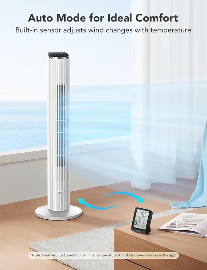 GoveeLife White Tower Fan for Bedroom, 36" Smart Floor Fan with App/Voice Control, Temperature Sensor, 5 Modes 8 Speeds(25ft/s), 29dB Quiet Oscillating Fan for Office, 24H Timer, Auto Cooling