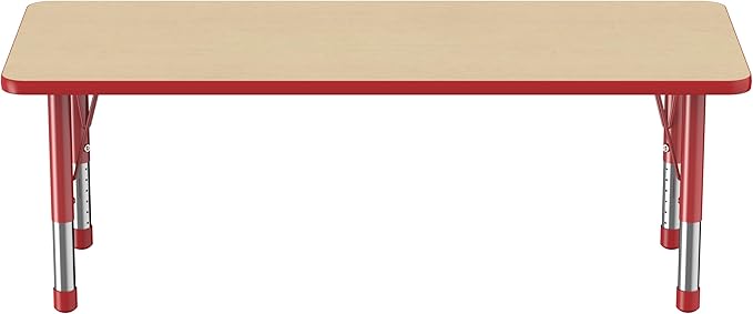 FDP Rectangle Activity School and Classroom Kids Table (24 x 60 inch), Chunky Toddler Legs, Adjustable Height 15-24 inches - Maple Top and Red Edge