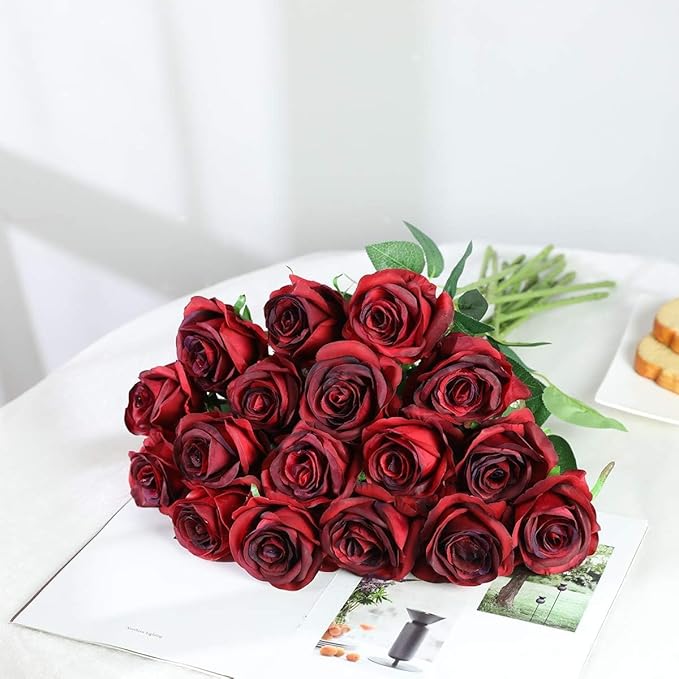 Burgundy Fake Roses Artificial Flowers - 16 Pcs Fake Artificial Roses Silk Flowers with Stems for Home Wedding Hotel Office Centerpiece Decor(Burgundy)