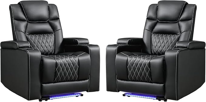 ANJ Power Home Theater Recliner Chair Set of 2, Electric Movie Theater Seating Reclining Chairs with Cup Holders for Living Room, Faux Leather with Blue LED, USB Ports, Hidden Arm Storage (Black)