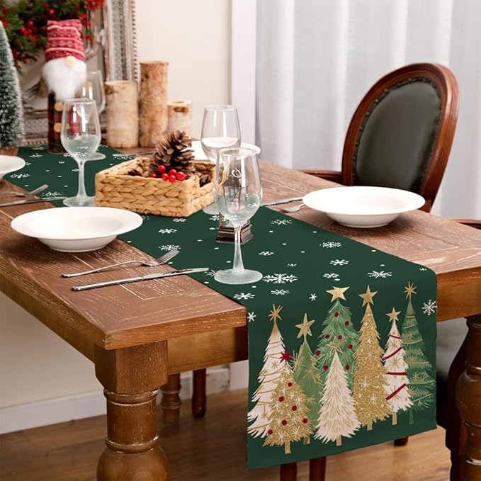 GEEORY Christmas Table Runner 13x60 Inch, Xmas Trees Snowflakes Holiday Decorative Farmhouse Table Decoration for Kitchen Dinning, Indoor Outdoor Dinner Party Decor (Green) GT152-60