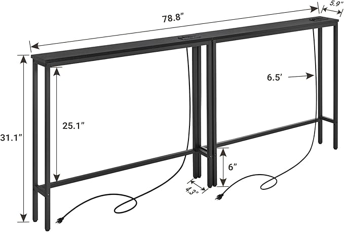 ELYKEN 5.9" Narrow Console Sofa Table with Power Outlets, 5.9" Dx39.4 Wx31.1 H Long Black Behind Couch Table with Metal Frame and Charge Station with 6.5’ Extension Cord