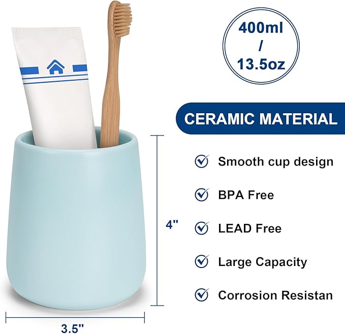 Bathroom Tumbler Cup Ceramic 13.5oz Reusable Toothbrush Cup 400ml,Toothbrush Holder Adequate for Your Bathroom (Cyan)