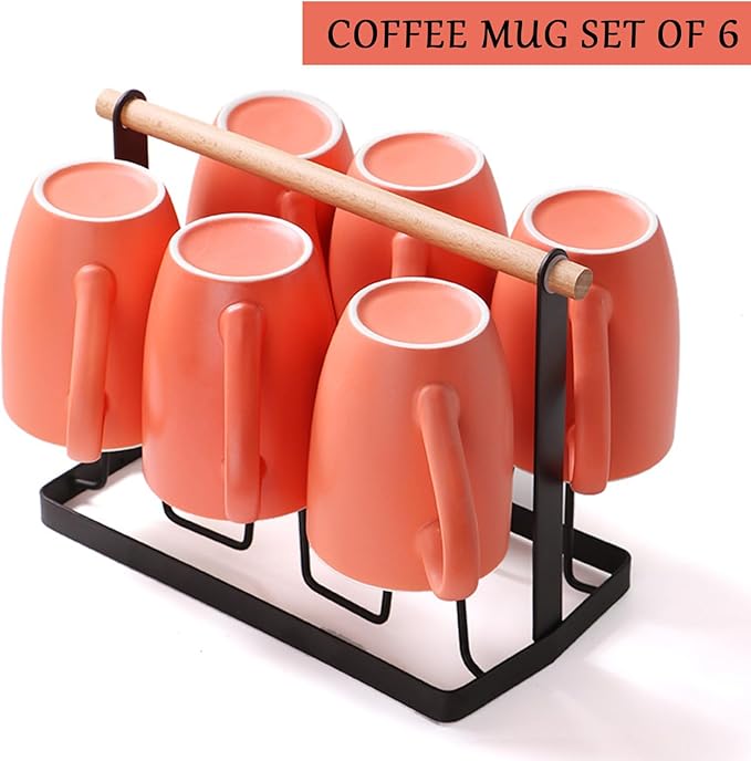 Coffee Mugs Set of 6, 12oz Ceramic Coffee Mugs with Handle, Matte Porcelain Orange Coffee Mug for Latte, Tea, Cocoa, Cappuccino, Cups for Women Men for Home Restaurant Mug (Orange)