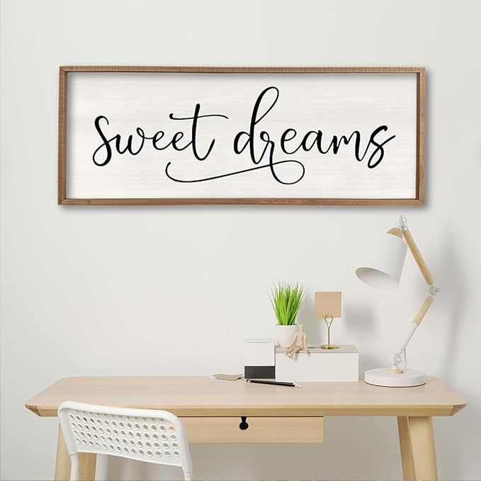 comurdyo Sweet Dreams Wall Decor Above Bed Sign 40" x 15" Master Bedroom Wooden Antique Framed Large Rustic Farmhouse Guest Room Beautiful Simple Hanging Plaque Over Bed Wall Art (Wood)