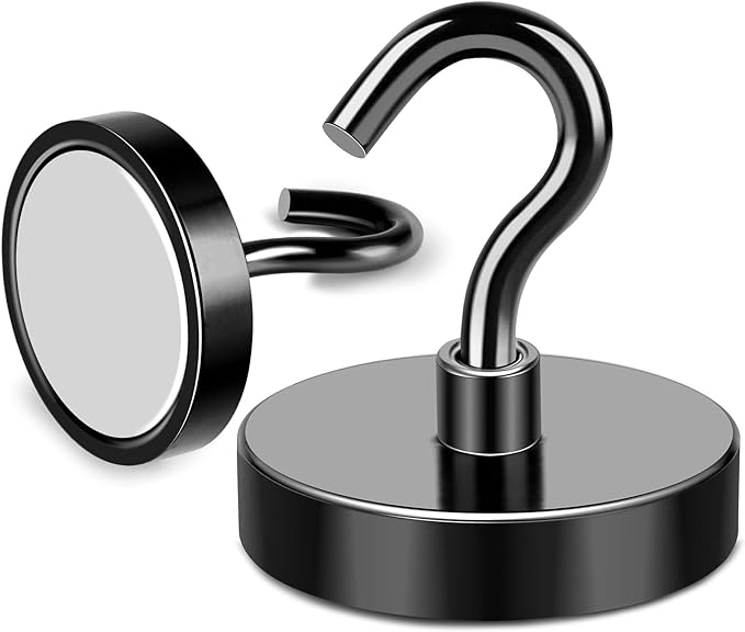 MIKEDE Black Magnetic Hooks Heavy Duty, 150LB+ Strong Neodymium Magnets for Refrigerator, Magnetic Hooks with Epoxy Coating for Hanging, Magnets with Hooks for Cruise, Home, Workplace - 10 Pack