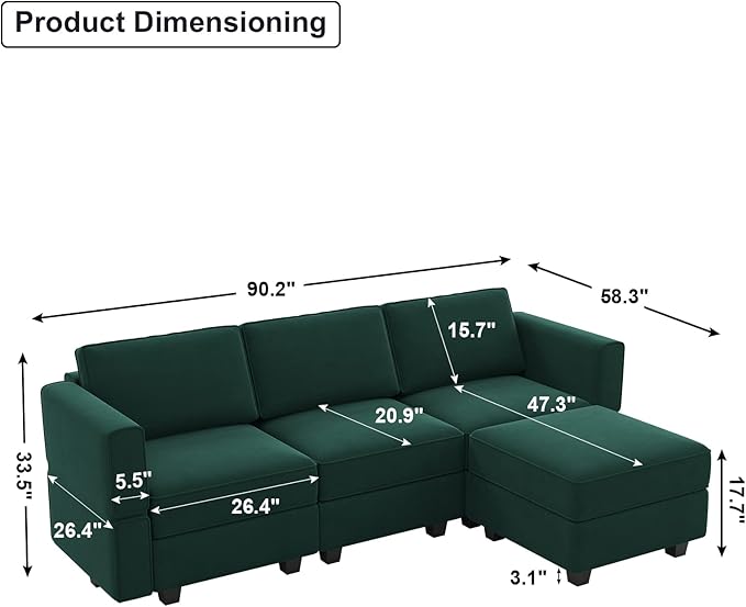 Belffin Convertible Sectional Sofa with Chaise Velvet L Shaped Sofa Couch Modular Sectional Sofa with Storage Green
