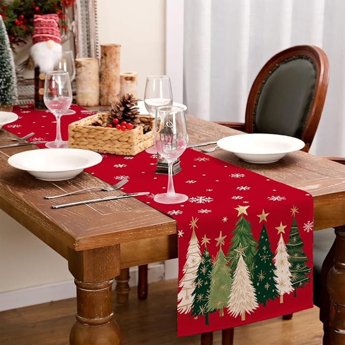 GEEORY Christmas Table Runner 13x48 Inch, Xmas Trees Snowflakes Holiday Decorative Farmhouse Table Decoration for Kitchen Dinning, Indoor Outdoor Dinner Party Decor (Red) GT150-48