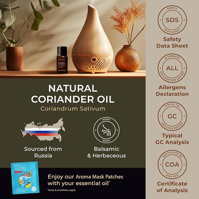Gya Labs Coriander Essential Oil for Diffuser - 0.34 Fl Oz - 100% Pure Natural Coriander Oil for Skin, Aromatherapy, Skincare Massages & Candle Making Scent
